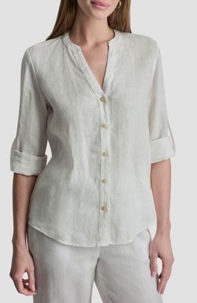DKNY Linen Button-Up Shirt in White at Nordstrom, Size Large