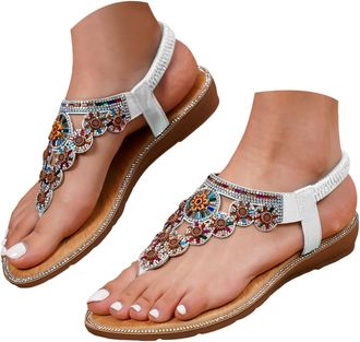 Generic Womens Crystal Decoration Flip Flops, Beaded Bohemian Festival T-StrapFlat Sandals with Elastic Heel Strap, Sparkling Summer Beach Holiday Party Shoes