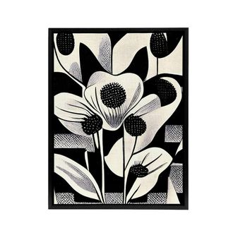 Artery8 Abstract Flowers Floral Black White Framed Canvas Wall Art Print | Size: W24 x H32