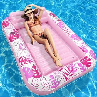 No Brand Colch&oacute;n De Agua Hinchable Rosa Con Forma De Hoja Tropical (176 &times; 114 Cm) - Cama Flotante De Lujo Extragrande Con Reposacabezas Y Portavasos, Apta Para