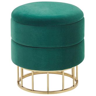 Beliani Puf Con Almacenaje Tapizado En Terciopelo De Poli&eacute;ster Verde Oscuro Base Dorada Accesorios De Dise&ntilde;o Elgin