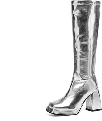 Generic Womens Square Toe Knee High Boots Chunky High Heel Platform Knight Boots PU Leather Long Boot with Zipper,Silver,5.5 UK