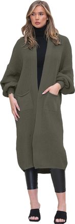 Generic Womens Knitted Balloon Sleeve Slouchy Boyfriend Cardigan, Ladies Maxi Knit Puff Sleeve Open Front Sweater Top with 2-Pocket (Khaki, One Size)