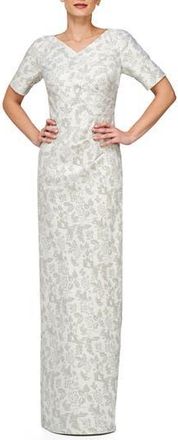 JS Collections Valerie Metallic Floral Jacquard Column Gown in Silver Mist at Nordstrom Rack, Size 12