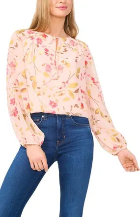 CeCe by Cynthia Steffe Floral Print Tie Neck Top in Sugar Peach at Nordstrom, Size X-Small