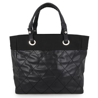 Chanel Matelasse Black Leather Canvas Handbag Tote Bag (Pre-Owned)