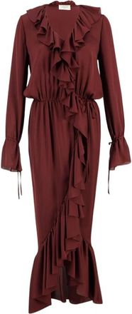 Saint Laurent Bordeaux Zijden Wrap Jurk - Dames - Maxi kleedjes - Bruin - XL - Leer - Kleedjes