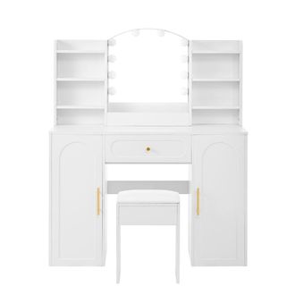 Urban Meuble Elegante tocador blanco con espejo LED y taburete