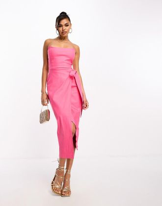 Vesper Vestito midi a fascia in bengalina rosa corallo con allacciatura laterale e gonna a tulipano