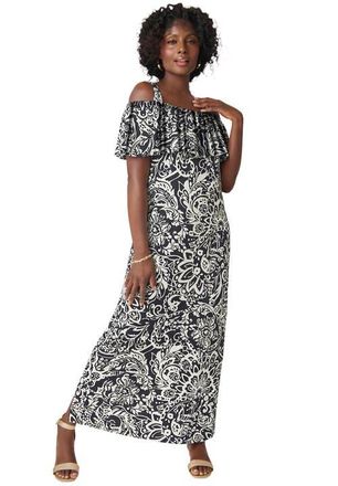 Jessica London Cold Shoulder A-Line Maxi Dress in Navy Scroll Medallion at Nordstrom, Size Medium