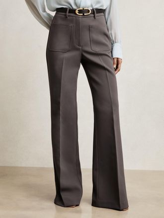 Reiss Mauve Neutral Petite Twill Patch-pocket Flared Trousers, 16