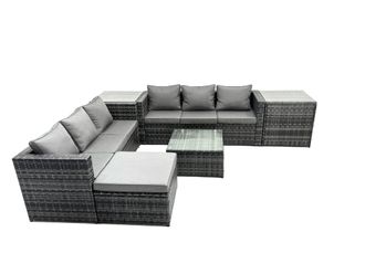 Fimous 7 Seater Patio Lounge Sofa Set with 2 Side Table Big Footstool in Dark Grey