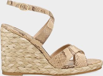 Stuart Weitzman 100mm Alyssa Snake-Printed Leather Espadrille Wedge Sandals