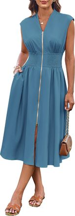 Grace Karin Womens Casual Midi Dress Cap Sleeve V Neck Beach Dress Zipper Front Gray Blue XL