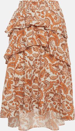 Maje Off-White/orange Paisley Print Cotton Asymmetrical Midi Skirt