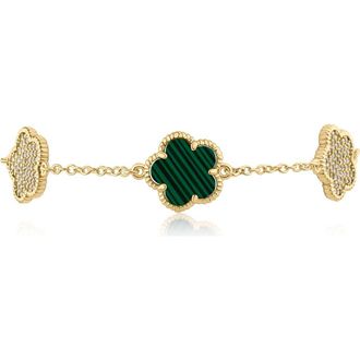 Kenneth Jay Lane Pav&eacute; Cubic Zirconia & Simulated Malachite Clover Charm Bracelet in Green/Gold at Nordstrom Rack, Size 7