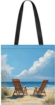 Generic Two Wooden Beach Chairs Womens Tote Casual Shopping Bag Lightweight Shoulder Bags Hobos Handbag for Work Travel Daily 35x40cm