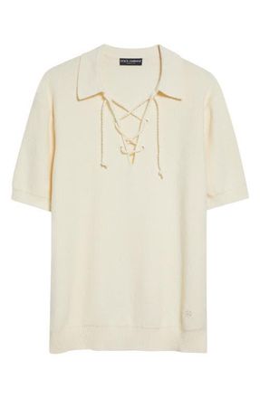 Dolce & Gabbana Serafino Lace-Up Cotton Blend Polo Sweater in A3791 Beige at Nordstrom, Size 42 Us