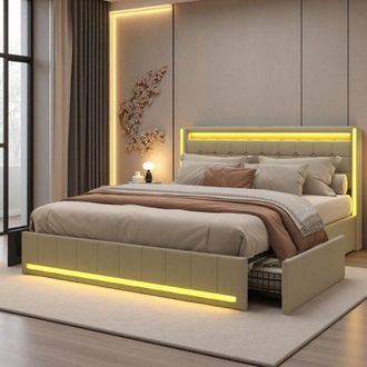 OEM Cama Doble 140x200 - Almacenamiento Integrado - 4 Cajones - Leds Rgb - Tejido De Lino Ecol&oacute;gico Beige