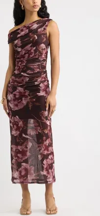 Open Edit Off the Shoulder Mesh Midi Dress in Brown Ethereal Floral at Nordstrom, Size Xx-Small