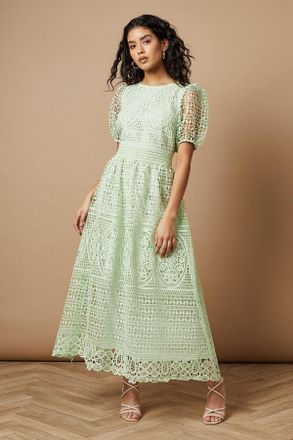 Oasis Womens Petite Lace Puff Sleeve Midaxi Dress - Green - Size 14 UK