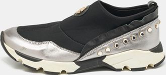 Roberto Cavalli Black/silver Nylon And Leather Crystal Embellished Slip On Sneakers