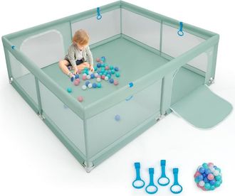 Costway Costway Parque Infantil Bebe 200 X 180 X 68 Cm, Corralito Bebe Con 50 Bolas, 4 Anillos, Malla Transpirable Suave, Asas, Valla Para Beb&eacute;s Con Puerta, B