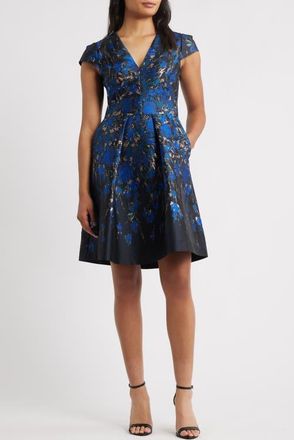 Vince Camuto Metallic Floral Jacquard Fit & Flare Dress in Sapphire at Nordstrom, Size 10