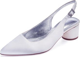 Generic Wedding Bridal Shoes Women Chunky Block Satin Low Heels Pointed Toe Slingback Evening Party Prom Office Shoes 4.5Cm,White,9 UK