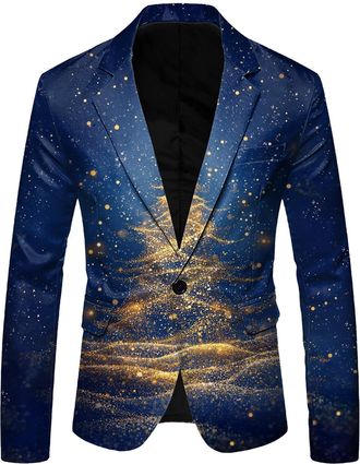 Generic Mens Christmas Suit Jacket Xmas Tree Printed Party Lapel Single Button Long Sleeved Suit Sports Jacket Lightweight Pocket Suit Classic Jackets Christm