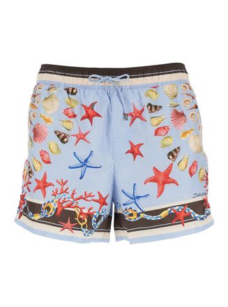 Dolce & Gabbana Light Blue Swim Shorts With Drawstring Elastic Waist And All-over Print In Tech Fabric Man