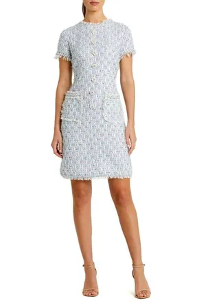 Mac Duggal Womens Cap Sleeve Floral Button Detail Shift Dress in Blue Multi at Nordstrom, Size X-Small