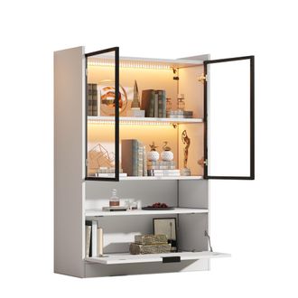 STILVORA Vitrina Con 2 Puertas De Cristal Y Compartimento Abatible Con Led Para Salon En Tablero De Particulas Blanco 80&times;35&times;120 Cm