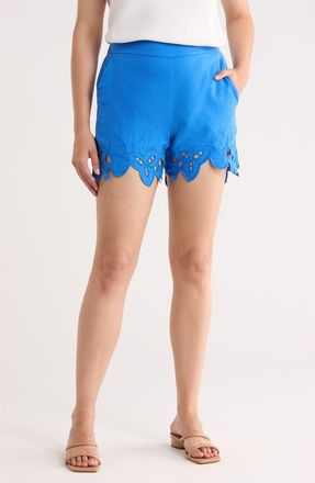 T Tahari Embroidered Hem Linen Blend Shorts in Blue Bliss at Nordstrom Rack, Size X-Small