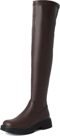 Generic Womens Over The Knee Boots Round Toe Low Block Heels PU Leather Side Zip Soft Lining Cushioned Insole Comfortable Non Slip Wear Resistant Casual Daily