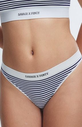 Savage x Fenty Seamless Stripe Thong in Hazy White/Dark Stormy Blue at Nordstrom, Size Large