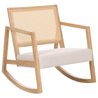 Beliani Sill&oacute;n Mecedora Tapizado Respaldo Con Trenza Vienesa Estilo Escandinavo Estructura De Madera De Caucho Tela Marr&oacute;n Claro Y Beige Claro Leidy
