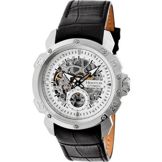 Heritor Conrad Skeleton Leather-Band Watch in Silver at Nordstrom