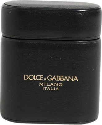 Dolce & Gabbana Phone Accessories, female, Black, Size: ONE SIZE Calf Leather Logo Print Flip Holder AirPods Case