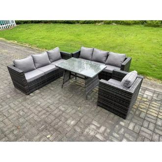Fimous Fimous Wicker PE Rattan Garden Dining Set Outdoor Furniture Sofa with Patio Dining Table Armchair 7 Seater Dark Grey Mixed