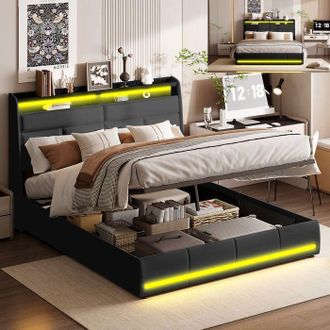 OEM Cama Lit 160x200 Negra Led Hidr&aacute;ulica - Marco Pu/m&eacute;tal, Somier De Lamas, Contempor&aacute;neo