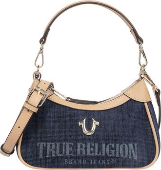 True Religion Blair Denim & PU Shoulder Bag - Logo Denim Mini Shoulder Bag with Detachable Strap (Denim)