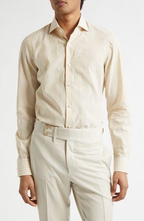 Isaia Stripe Cotton & Linen Button-Up Shirt in White/Yellow at Nordstrom, Size 40