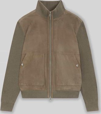 HUGO BOSS Regular Fit Lederjacke aus Ziegenvelours Modell MAPARO in Schlamm, Größe 48