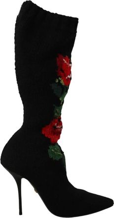 Dolce & Gabbana Bloemen Geborduurde Gebreide Laarzen - Dames - Laarzen met Hak - Zwart - 38 1/2 EU - Wol - Schoenen