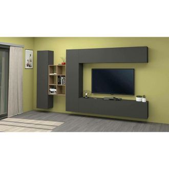 Dmora Pared Equipada Dcaldar, Conjunto De Sal&oacute;n Mueble Tv Con 4 Puertas, Mueble De Sal&oacute;n Polivalente, 100% Made In Italy, Cm 280x30h180, Blanco Brillo Y Arc