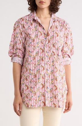 Frank & Eileen Relaxed Fit Cotton Button-Up Shirt in Red Mini Stripes W/Flowers at Nordstrom Rack, Size X-Small