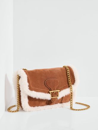 Talbots Faux Shearling Trim Suede Crossbody Bag - Cognac - 001 Talbots