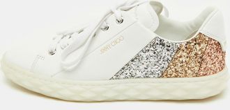 Jimmy Choo London White Leather And Glitter Detail Diamond Low Top Sneakers