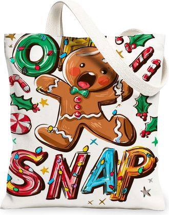 Generic Gingerbread Holiday Canvas Tote Bags, Cute Biscuits Design Reusable Shopping Bags, Winter Fun Lightweight Washable Shoulder, White, 13x15 Inch